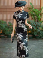 Modern Chinese Qipao, Long Cheongsam, Silk Qipao, Evening Dress, ball gown, black floral color, short sleeve, mandarin collar