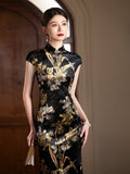 Modern Chinese qipao, Chinese Cheongsam, Ball Gowns, Long Evening Dress, black floral qipao