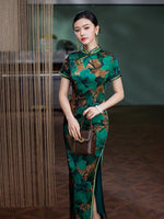 Modern Chinese Qipao, Mulberry Silk cheongsam, floral pattern, green color qipao