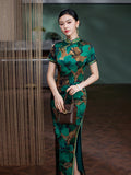 Modern Chinese Qipao, Mulberry Silk cheongsam, floral pattern, green color qipao