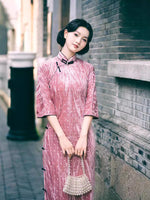 Modern Chinese Qipao, Evening Dresses, autumn qipao, pink velvet Dresses, 3/4 sleeve