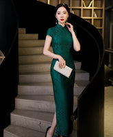 Qipao moderne, robe chinoise Qipao, cheongsam en soie de mûrier, robe de soirée, clolor vert foncé