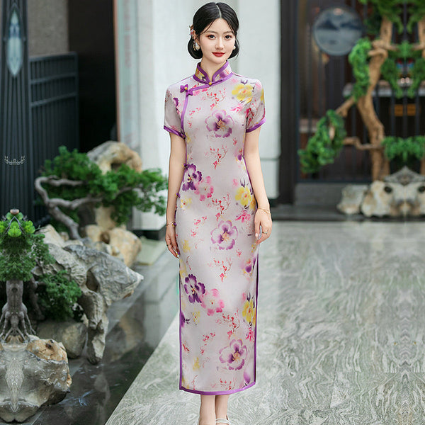 Modern Chinese Qipao, Chinese Cheongsam Dress, purple floral dresses, Ball Gowns