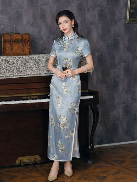 blue chinese silk dress Vintage Blue Silk Qipao Dress Traditional Chinese Style