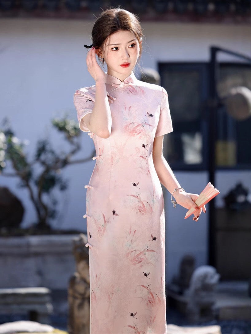 Modern Chinese Qipao, Kneelength Cheongsam Dress, pink Qipao, Evening Dress, floral Qipao, gift for her, mandarin collar S