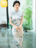 Qipao chinois moderne, cheongsam en soie de mûrier, robe jusqu'aux genoux, couleur bleu clair