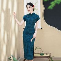 Modern Chinese Qipao, dark blue color, evening dress, ball gown, floral dress