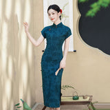 Modern Chinese Qipao, dark blue color, evening dress, ball gown, floral dress