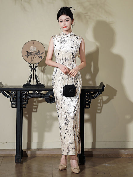 Chinese Cheongsam, velvet qipao, Sleeveless summer qipao