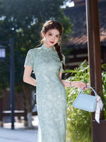 Modern Chinese Qipao, light green floral, Full length, mandarin collar