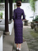 Chinese Cheongsam, Evening Dress, Ball Gown, black purple color, Mandarin collar, 3/4 Sleeve