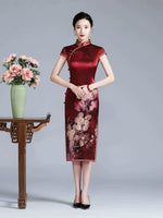 Kostenlose Änderung, traditionelles chinesisches Qipao-Kleid, Cheongsam aus Maulbeerseide, Abendkleid, rote Farbe, Midi-Kleid