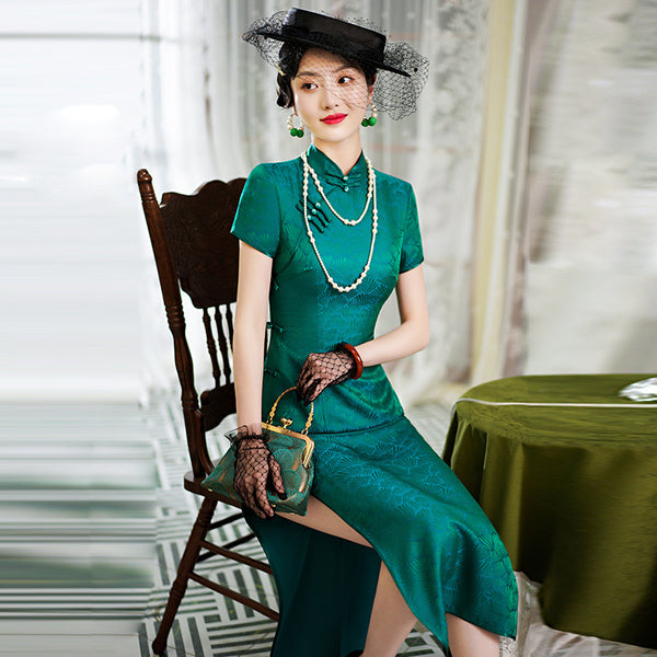 Qipao en soie moderne, cheongsam en soie de mûrier, robe de soirée, couleur vert foncé
