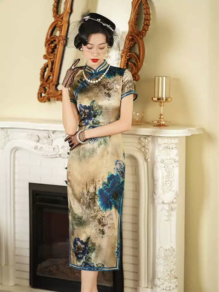 slim fit dress slacks Silk Qipao, Floral Color, Spring Dress XL