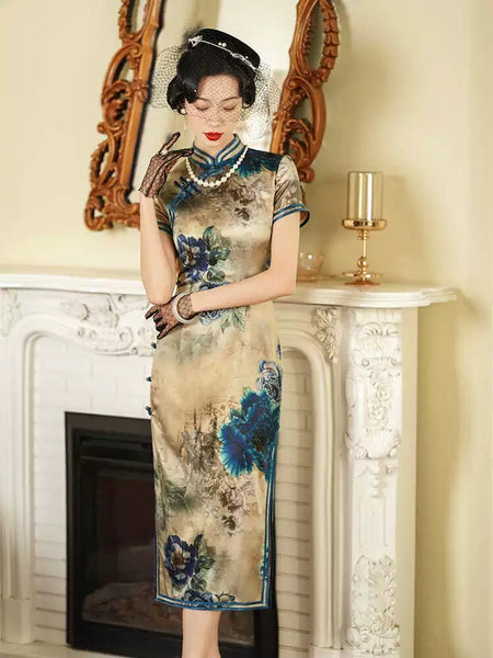Cheongsam chinois moderne, Qipao en soie, Couleur florale, Robe printanière, col mandarin