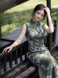 Modern Chinese Qipao, Chinese Cheongsam Dress, Ball Gowns, sleeveless, green color