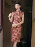 Mulberry Silk cheongsam, red cherry pattern, kneelength dress, casual qipao, summer qipao