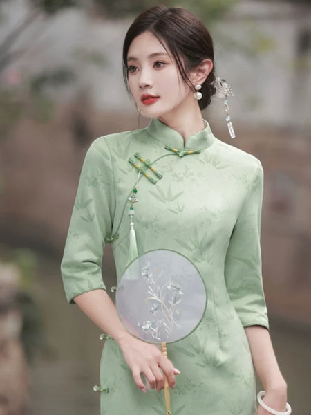 Modern Chinese Qipao, Chinese Cheongsam Dress, Evening Dresses, Ball Gowns, mint green color Dresses, mandarin collar, 3/4 sleeve