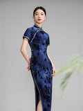 Modern Chinese qipao, Chinese Cheongsam, Long Evening Dresses, navy blue color