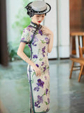 Modern Chinese Qipao, Mulberry Silk cheongsam, kneelength dress, purple floral color