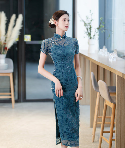 Modern Chinese qipao, Chinese Cheongsam, Ball Gowns, Long Evening Dress, blue floral qipao