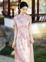 Aodai moderne, Cheongsam longueur genou, aodai qipao, motif floral, col mandarin