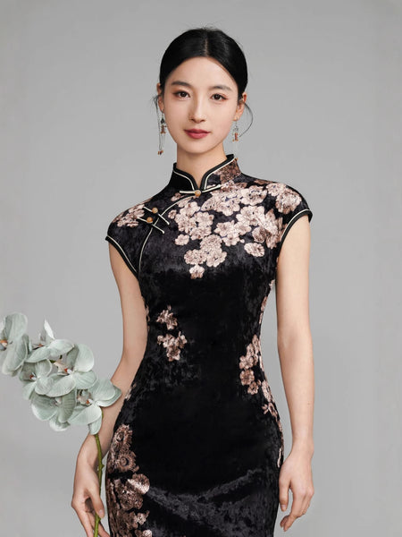 chinese cocktail dresses EastFlair Women's Floral Print Cheongsam Mini Dress,Purple And Yellow Chinese Style Oriental Dress,Summer Elegent Luxury Wedding Guest Dresses For Parties
