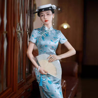 Modeen Chinese Qipao dress, Mulberry Silk cheongsam,  kneelength dress, light blue color
