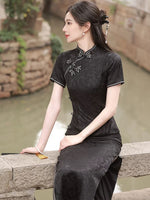 Modern Chinese Qipao, Chinese Cheongsam Dress, Evening Dresses, Ball Gowns, black jacquard qipao, mandarin collar