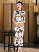 Modern Chinese Qipao, Long Cheongsam, Silk Qipao, Evening Dress, ball gown, floral color, short sleeve