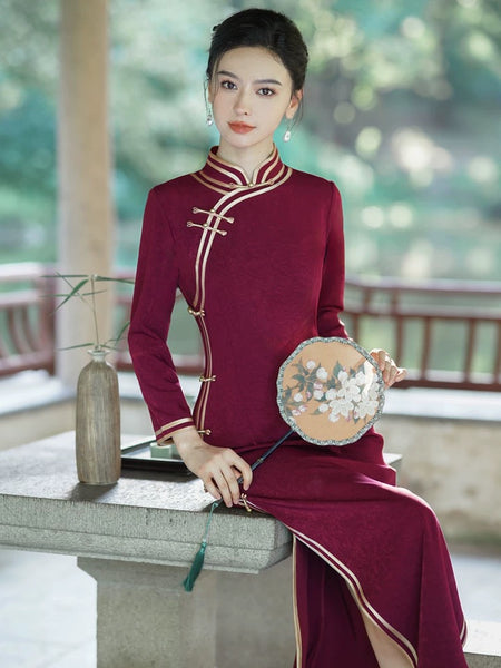 Modern Chinese Qipao, Chinese Cheongsam, wine red qipao, Ball Gown, 3/4 sleeve
