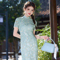 Modern Chinese Qipao, light green floral, Full length, mandarin collar