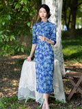 Chinese Cheongsam, blue floral modern qipao, Ball Gowns