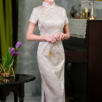 mulberry silk Cheongsam, off white jacquard Silk qipao