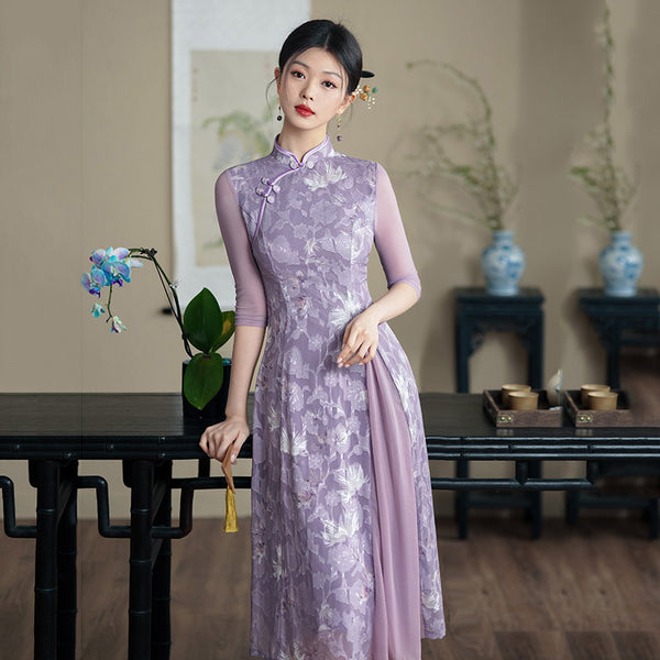 Modern Aodai, aodai qipao, flower pattern, 2 colors