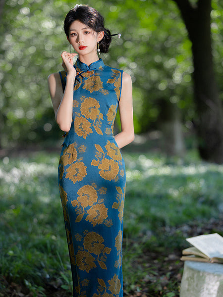 Modern Chinese Qipao, Cheongsam Dress, blue color dress