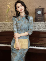 Modern Chinese Qipao dress,  light blue floral dress, Evening Dress, Full length, mandarin collar, 3/4 sleeve