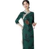 Traditionelles chinesisches Kleid, chinesisches Cheongsam, Abendkleid, Ballkleid, Stehkragen, asymmetrischer Saum, 3/4-Ärmel