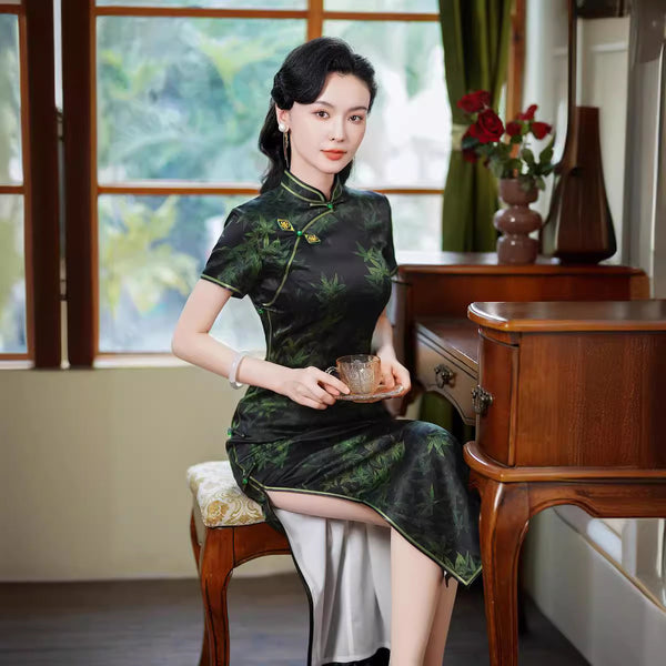 Modern Chinese Qipao, Mulberry Silk cheongsam, Evening Dress, black co QipaoMood Modern Chinese Qipao, Mulberry Silk cheongsam, Evening Dress, black co QipaoMood