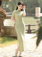 Traditionelles chinesisches Kleid, China Cheongsam, Ramie-Qipao, langes Sommer-Qipao, Blumenmuster, kurze Ärmel, Stehkragen