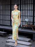 Modern Chinese qipao, Chinese Cheongsam, yellow floral color, Ball Gowns, Long Evening Dress, mandarin collar