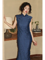Modern Chinese Qipao dress,  sleeveless qipao, blue color qipao