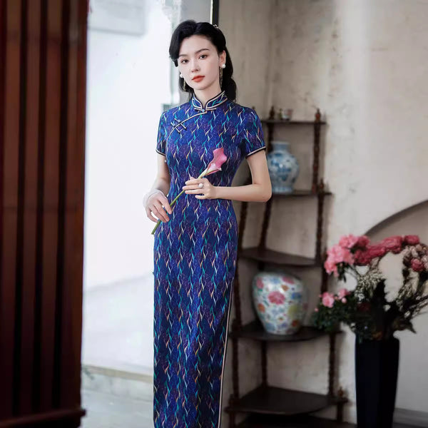 Mulberry Silk cheongsam, Blue color, Evening Dress, mandarin collar