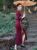 Traditional Chinese dress, Chinese Cheongsam, wine red qipao, Ball Gown, 3/4 sleeve
