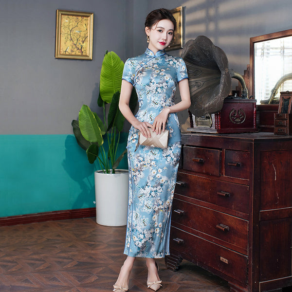 Modern Chinese Qipao dress, Mulberry Silk cheongsam, light blue color, evening qipao