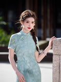 Modern Chinese Qipao, light green floral, Full length, mandarin collar