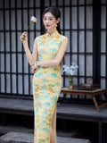 Modern Chinese qipao, Chinese Cheongsam, yellow floral color, Ball Gowns, Long Evening Dress, mandarin collar