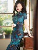 Modern Chinese Qipao, Chinese Cheongsam Dress, blue floral Dresses, Ball Gowns