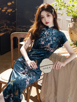 Modern Chinese qipao, Chinese Cheongsam Dress, Evening Dress, Ball Gowns, blue velvet qipao