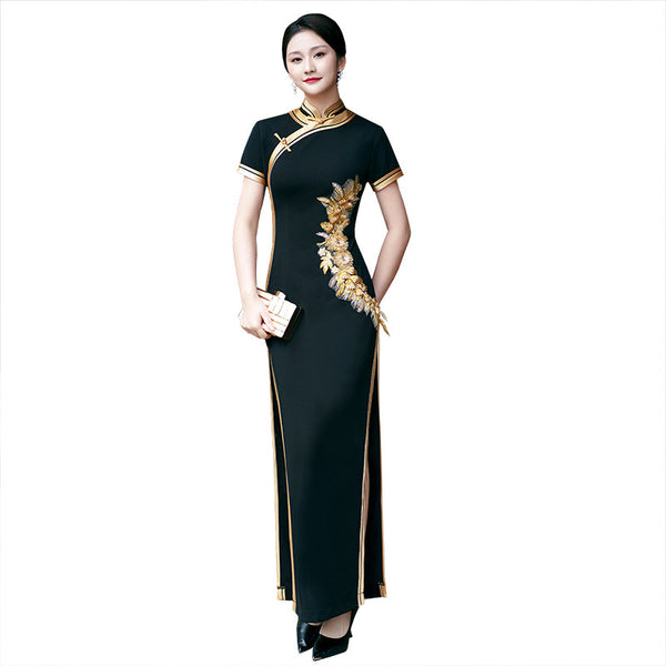 Custom Make Available, Traditional Chinese Dress, Embroidered Cheongsam, Chinese Qipao, Black Gold Color Wedding Qipao, Minimalist Design 2X Custom Make Available, Traditional Chinese Dress, Embroidered Cheongsam, Chinese Qipao, Black Gold Color Wedding Qipao, Minimalist Design 2X